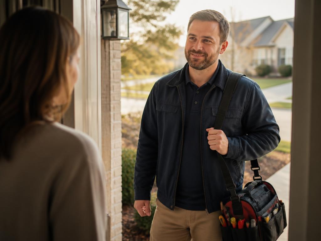 A friendly local tradesperson arriving at a customer's front door